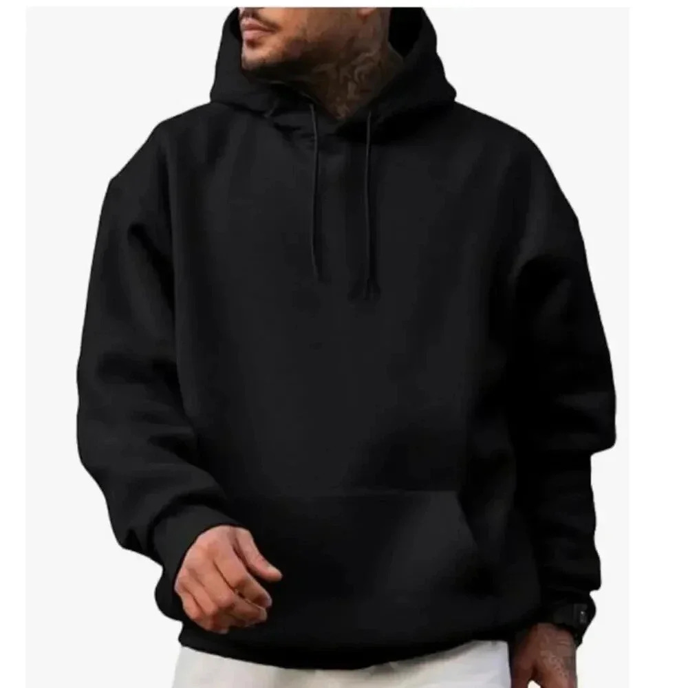 Plain Black  Pullover Hoodie Poly Blend Loose Fit Drawstrings Size Small